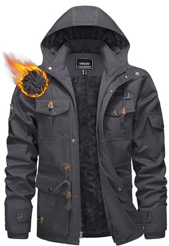 KEFITEVD Winterjacken für Herren Gefüttert Warm Parka Bomberjacke Armee Jacke Winter Freizeitjacke Jagd Angeln Winddicht Kapuzenjacke Dunkelgrau L
