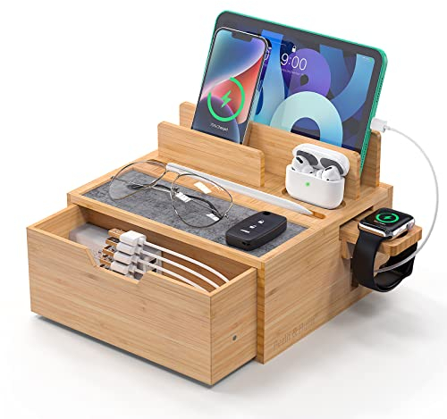 Bamboo Charging Dock Rack, Wooden Charging Station Organizer with Lined Tray & Drawer, Desktop Dock Organizer, Compatible with Tablet, Cell Phone, Earbuds, Smartwatch, Pezin & Hulin