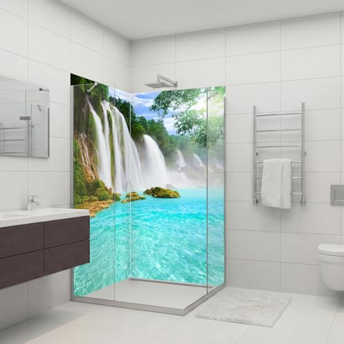 dedeco Eck-Duschrückwand wasserfest mit Wasserfall V13 Motiv UV-Lack glänzend - 2 x 90x200 cm, Badrückwand zum Fliesenersatz, Dekorwand, Wandverkleidung und Duschplatte aus Aluminium - Made in Germany