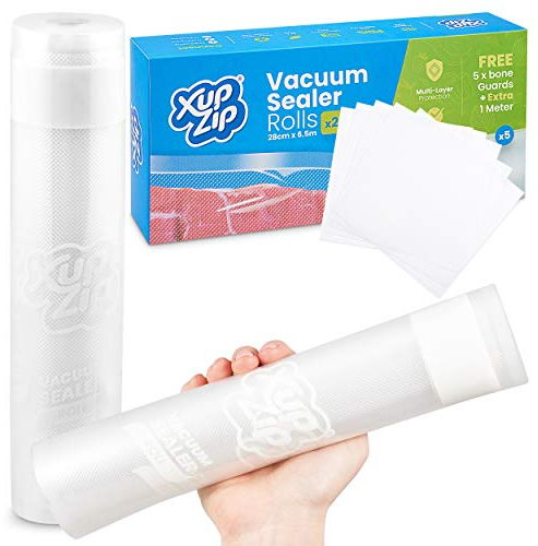 XupZip Heavy-Duty Vacuum Sealer Rolls with 5 Bone Guards & Write-On Panel – 2 Rolls Easy-Tear Food Vacuum Bags for Freezer, Sous Vide & Slow Cooker Use – 28cm x 6.5m