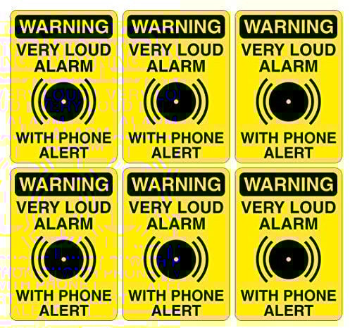 Pack of 6 WARNING VERY LOUD ALARM WITH PHONE ALERT signs. Deter intruders with these signs. 70mm x 100mm. Ideal for sheds, garages, homes, work premises. (Self Adhesive Stickers)