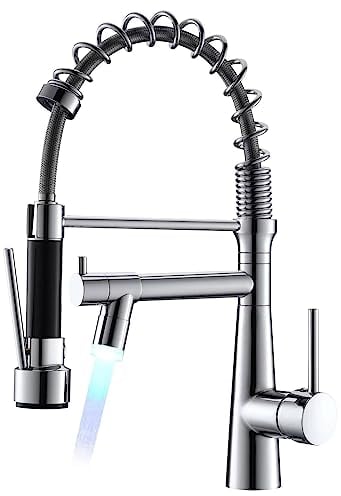 TIMACO LED Wasserhahn Küche Chrome Küchenarmatur mit Spiralfeder, 360°Schwenkbare Spültischarmaturen mit Zwei Auslauf,Wasserhahn Küchen & Brause ausziehbar- Hochdruck