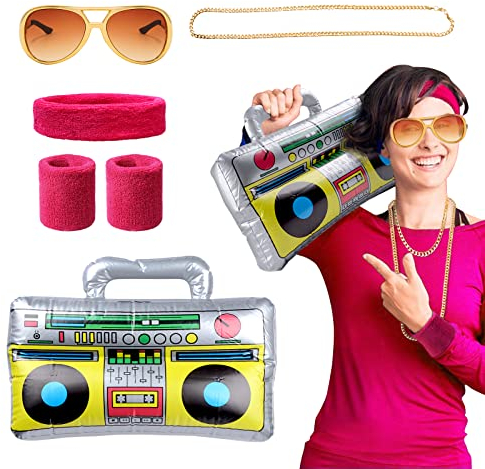 BOFUNX Fasching Karneval Kostüm, 3 in 1 Schweißbänder Set mit Aufblasbare Radio Sonnenbrille Goldkette 80er 90er Fasching & Karneval Party Accessoires Rapper Zubehör Hip Hop Kostüm