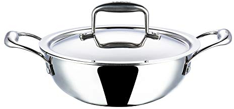 Vinod Platinum Kadai Triply Stainless Steel | Suitable for Indian Cooking, Sauces, Stews, Soups | Deep/Extra Deep Kadai with Lid | Induction, Electric Friendly (Extra Deep Kadai, 18cm)