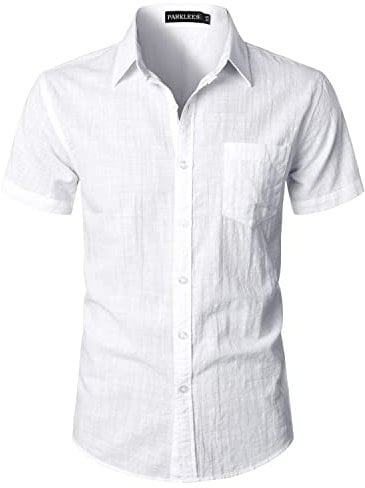 PARKLEES Men's Fitted Cotton Linen Casual Short Sleeve Button Up Shirts Lightweight Beach Tops with Pocket EU-PZLSC34-White Medium