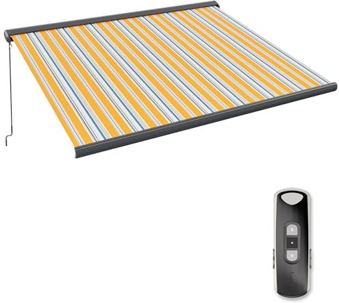 paramondo Markise Kassettenmarkise Curve 2000 Gelenkarmmarkise Balkon Terrasse Sichtschutz, mit jarolift Funkmotor & Funkhandsender, 395 x 300 cm, Gestell Anthrazit, Stoff Multi Gelb-Blau-Grau