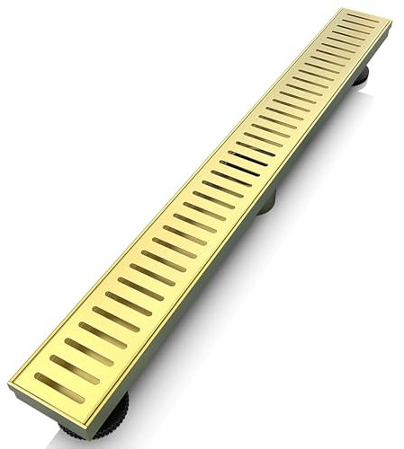 WEBANG Siphon de sol rectangulaire de douche linéaire doré de 61 cm avec accessoires, grille amovible en acier inoxydable SUS304 certifié CUPC, laiton doré brossé