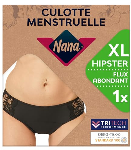 Nana Culotte Menstruelle Lavable - Flux Abondant - Absorption Supérieure pour une Protection Intégrale, Jour et nuit - Noire - Coupe Hipster, XL