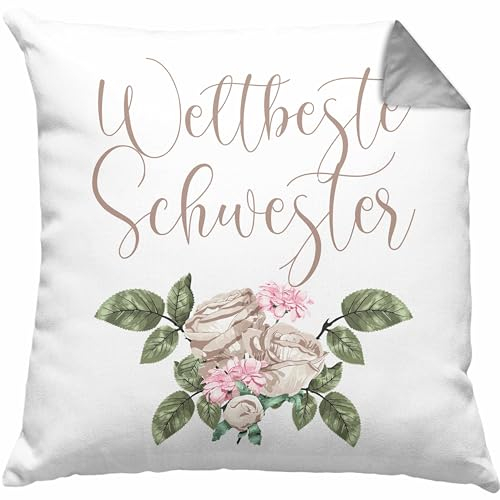 Trendation Weltbeste Schwester Kissen mit Füllung 40x40 Geschenk Schwesterherz Lustiger Spruch Geburtstag Schwester (Grau)