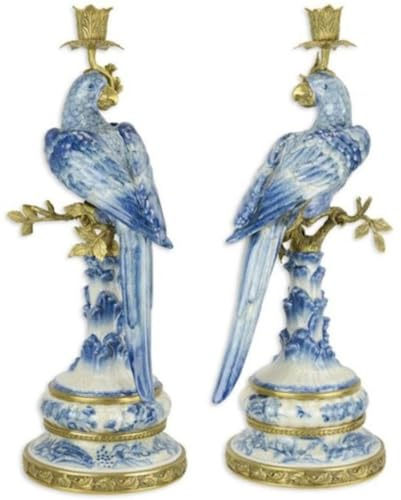 Casa Padrino Jugendstil Kerzenhalter Set Papageien Blau/Weiß/Gold 22,1 x 18,6 x H. 49,4 cm - Porzellan Kerzenständer - Hotel & Restaurant Accessoires - Barock & Jugendstil Deko Accessoires