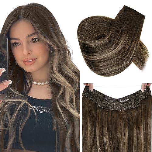 RUNATURE Haarverlängerungen Echthaar Mit Draht Braun Glatt Wire Extensions Echthaar 50cm 100g Extensions Echthaar Mit Band Farbe #4/27/4