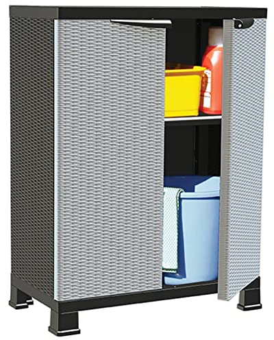 Tidyard Gartenschrank mit 2 Türen und 2 Fachböden Geräteschuppen Kunststoffschrank Spindschrank Schrank Spind Terrassenschrank Balkonschrank Kunststoff 68x39x92 cm Rattan-Design