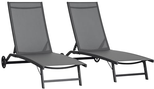 Outsunny Pack de 2 Tumbonas de Jardín Exterior Tumbonas Reclinables de Aluminio con Respaldo Ajustable de 5 Niveles y Ruedas para Playa Piscina 165x66x102 cm Gris Oscuro