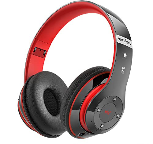 Lankey Sound 6S - Auriculares inalámbricos Bluetooth 5.3 con micrófono 6 modos EQ, micrófono integrado, micro SD/TF, auriculares Bluetooth para iPhone/Samsung/iPad/PC (negro rojo)