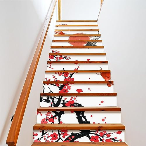 COALHO Escalera elevadora de escalera japonesa autoadhesiva impermeable rústica acuarela japonesa sol rojo koi pez flor de cerezo para escalera interior y exterior 100 cm x 18 cm x 1 juego
