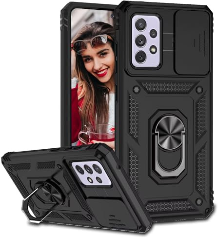 POUHYE Cover per Samsung Galaxy A52 4G / 5G / A52s 5G Custodia, Copriobiettivo Scorrevole Antiurto Grado Militare Case con 360° Magnetica Anello Supporto, Hard PC Back e TPU Bumper Cover Nero