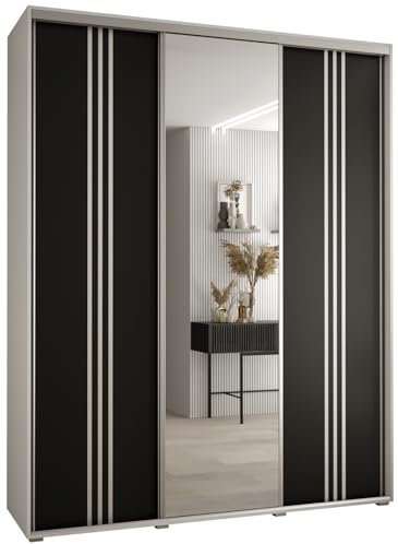 MEBLE KRYSPOL Davos 7 200 Schlafzimmerschrank mit DREI Schiebetüren - Moderner Aufbewahrungsschrank mit Spiegel, Kleiderstange und Regalen - 235,2x200x60 cm - Weiß Schwarz Silber