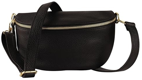 MIRROSI® Bauchtasche Damen, Made in Italy, Echtleder Umhängetasche Echtes Leder, Brusttasche, Crossbody Bag aus Echtem Leder, in 3 Größen erhältlich (Schwarz Goldner Reißverschluss) (Gr.M)