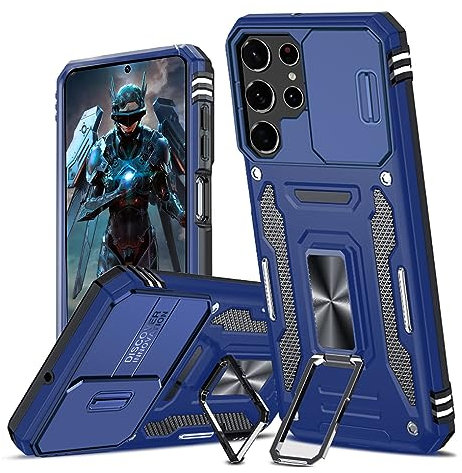 TUUTPU Cover per Samsung Galaxy S24 Ultra 5G, Custodia Scorrevole Protezione Fotocamera Militare Antiurto Case con 360° Magnetica Anello Rotante Supporto e TPU Silicone + PC Bumper All'aperto, Blu