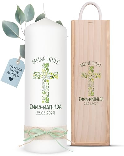 AMARI ® Taufkerze personalisiert Florales Kreuz (002.10.05) H:25cm/⌀:8cm - Taufkerze Mädchen/Junge - Kerze selber gestalten Taufe - Taufkerze selber machen - Taufkerze mit Namen