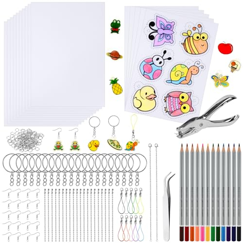 Ainiv Plastico Magico Termocontraíble, 10PCS Plástico Magico Artística Retráctil En Blanco y 5 Películas Retráctiles con Patrón, Plastico Magico Horno, Kit para Hacer Llaveros para Diseñar Colgantes