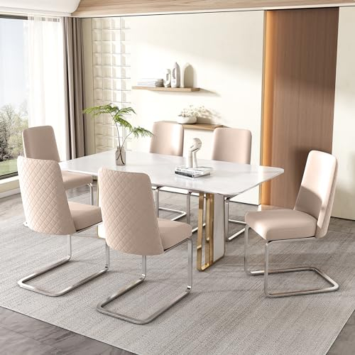 Merax Schwingstuhl 6er-Set, Samt Esszimmerstühle mit Metall-Stützbeinen, bequemer Freischwinger Stühle für Wohnzimmer, Schlafzimmer, Samt, Beige & Silber
