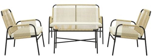 Outsunny Salottino da Giardino in Rattan PE da 4 Pezzi, Salotto da Esterno con Divano 2 Posti e 2 Poltrone con Cuscini, Tavolino in Vetro, Giallo