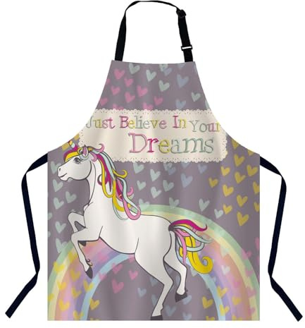 BGBDEIA Einhorn mit einem Regenbogen Küchenschürze für Damen und Herren, Motivationszitat Just Believe In Your Dreams, Unisex, verstellbare Kochschürze, wasserdichte Schürze für Zuhause, Küche,
