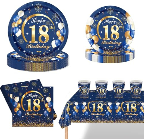 POPOYU 69Pcs 18th Birthday Party Tableware Navy Blue,18thBirthday Napkins Blue and Gold,18th BlueGold Table Cloth,18thBirthday Paper Plates and Cups for Men Women Birthday Gifts Party Supplies