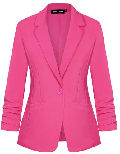 LADI TREND Veste Blazer Femme Décontractée à Manches 3/4 Froncées avec Un Bouton, Revers Encochés, Élégante, Travail, Formelle Classique, R-rose., XXL