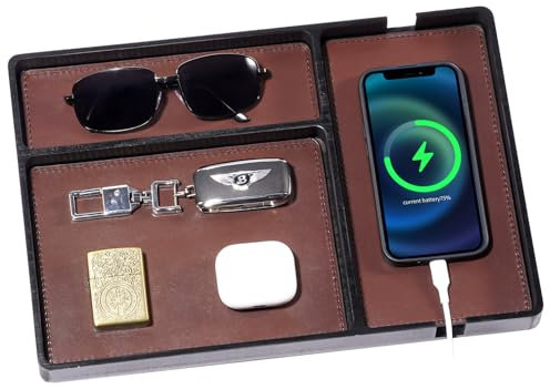 ProCase Vide Poche Bois pour Homme, Plateau Valet avec Coussin PU Cuir Amovible, Grande Capacité avec 3 Compartiments,pour Clés, Portefeuille, Téléphone, Montres -Noir