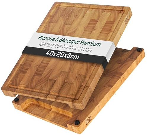 MAKUMORI Premium Schneidebrett aus Massivholz, Stirnholz, End Grain 40x29x3cm - Aus leicht karbonisiertem Heveaholz -FSC®-zertifiziert, Füße, Saftrinne und große Griffmulden