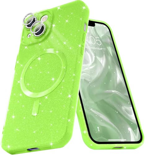 Micoden for iPhone 14 Case [Compatible with Magsafe] Magnetic Phone Case Glitter Bling Sparkle Women Girl Shockproof with Camera Protector for iPhone 14,Neon Green