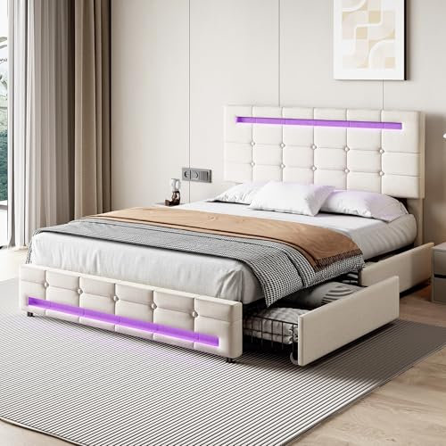 BTM Doube Bed with Storage, Linen Fabric Double Bed with 4 Drawers, Upholstered Double Bed Frame with Adjustable Headboard and LED Lightings, 4ft6-135x190cm, No Mattress, Beige