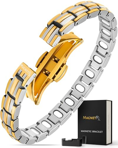 MagnetRX EllipseMAX Magnetarmband Damen – 5-fache Stärke, 5.000 Gauß Magnet Armband Damen aus Titan Schmuck, entworfen in den USA, zum Patent angemeldet, verstellbar (Silber/Gold)