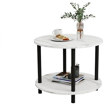 VERFARM Couchtisch Rund, 2 Ablagen, Wohnzimmertisch, Beistelltisch, Kaffeetisch, Sofatisch, für Wohnzimmer, Schlafzimmer, stabiles Metallgestell/MDF Platte, 60 x 60 x 48.5 cm, Weiß