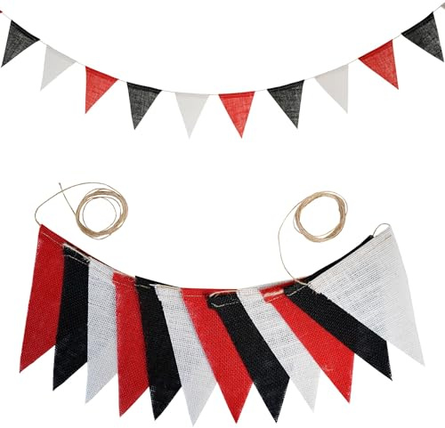 Wambere Wimpelkette Leinen Wimpelkette,3,6M Wimpel Girlande 12 Stück Wimpeln,Wimpelkette Outdoor,Dekorative Hängefahne für Hochzeit Geburtstag Karneval Party Festival Fotohintergrund,Rot Schwarz Weiß