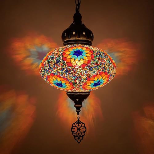 BOTOWI Türkische marokkanische Mosaik hängende Pendelleuchte Deckenleuchte 10 Kugeldurchmesser handgefertigte Glaslampenschirme, Vintage Tiffany Stil, mediterranes böhmisches Dekor ideal,Orange