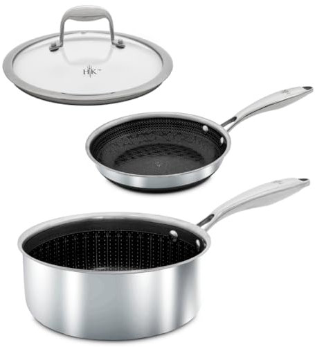 Hell's Kitchen Lot de 3 poêles hybrides de 20,3 cm, casserole de 2,5 l et couvercles en verre trempé, triple revêtement en acier inoxydable et céramique sans PFAS, antiadhésive, sans danger pour les