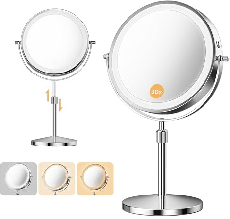 tubbede Makeup Mirror, 1X/30X Double Sided Magnifying Mirror with 3 Colors, 3200 mAh Rechargeable Vanity Mirror with 360° Rotation, Brightness Adjustable Light up Mirror, Women Gift (Gray)