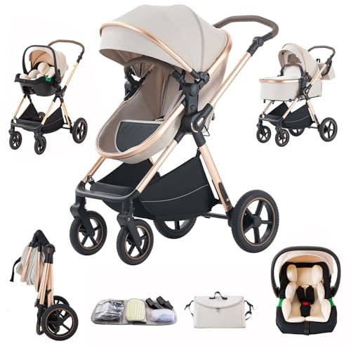 Shineey kinderwagen 3 in 1 Buggy Babybett Komplett Set Einem Klick Zusammenklappbarer Kinderwagen, 3 in 1 KombiKinderwagen Aluminiumrahmen für Neugeborene (RICEWHITE-D2, H2-D)