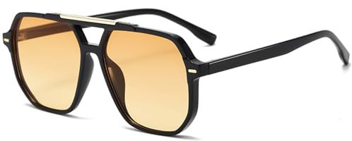 LOJUDI Retro Sonnenbrille Damen Herren 70er Jahre Vintage Eckig Pilotenbrille Groß Gläser Brille für UV400 Schutz-Schwarz/Orange Gelb Gläser