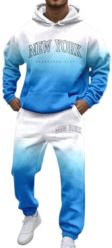 Generisch Jogginganzug Herren Set NEW YORK Logo Farbverlauf Trainingsanzug Hoodie und Jogginghosen Zweiteiler Langarm Sportanzug mit Taschen Herren Bequem Jogger Set Bequem Baggy Stretch Fitnessanzug