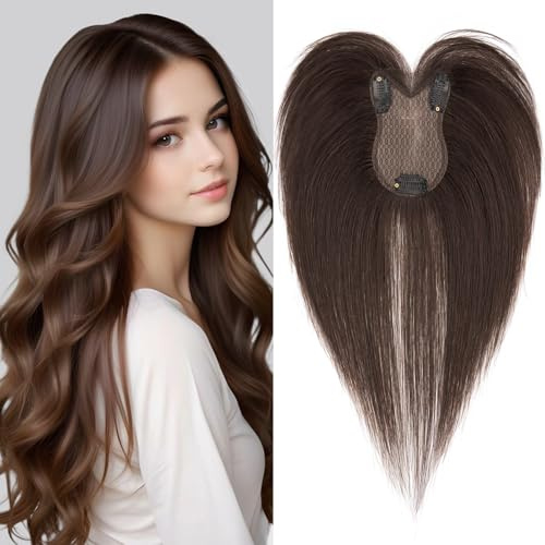 S-noilite Topper Haare für Frauen Echthaar Dunkelbraun - 8x11cm 100% handgeknüpfte Toupets mit Seitenpony Haar Toppers Echthaar Damen Haarverdichtung 21 Gramm