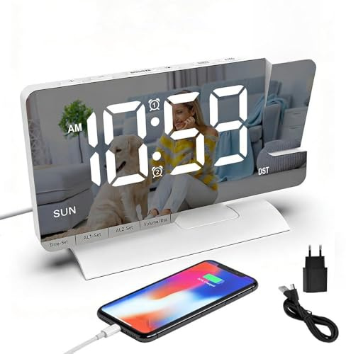 RNPKZ Wecker mit Projektion, 7.3 Projektionswecker mit 180° drehbarem Projektor, Dual-Alarm, Schlummern, Wochentagsanzeige, 4 Helligkeitsstufen, 5 Lautstärkestufen, für Schlafzimmer, Büro (Weiß)