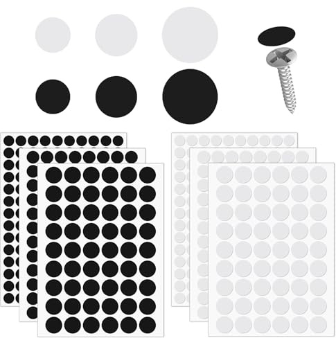 Grevosea 6 Sheets 580 Pieces Screw Hole Cover Stickers, 12mm/15mm/21mm Black & White Screw Covers Furniture Stickers Screw Caps to Cover Screw Holes for Wooden Furniture Cabinet
