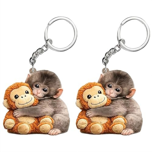 Punch Monkey Schlüsselanhänger, niedlicher 2D-Acryl-Cartoon-Affen-Taschen-Anhänger mit Legierungs-Schlüsselanhänger, langlebiges Plüsch-Design für Rucksackschlüssel, Spaß für Kinder (2 Stück)