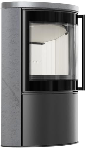 BJORN Ø 150 7 kW freistehender Stahlofen, dekorative GRAY SATIN-Speicherkeramik, Keramikabdeckung