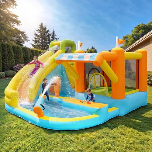 FammyLoft Hüpfburg Outdoor mit Wasserrutsche, Wasserpark Kinder Outdoor mit 450W Gebläse, Wasserhüpfburg mit Wasserpistole & Basketballfeld, für 4 Kinder, Oxford-Stoff, 433x375x165cm