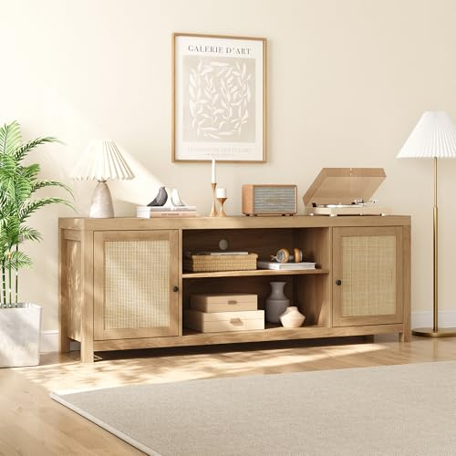 CuteHairy Rattan TV Stand for 75 Inch TV, 66'' Boho Entertainment Center with 2-Tier Storage & Adjustable Shelves, Media Console Table with Cord Holes and Wood Legs for Living Room, Bedroom, Office